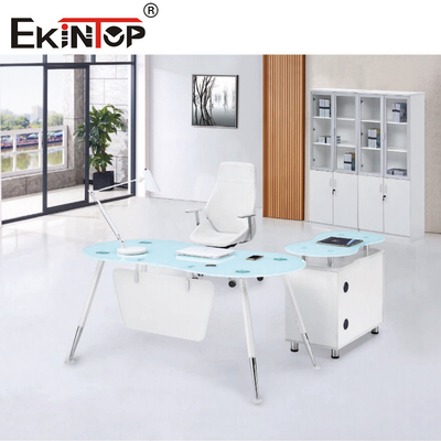 Witte Blauwe l-Vorm CEO Office Glass Desk met Kabinets Vlotte Oppervlakte