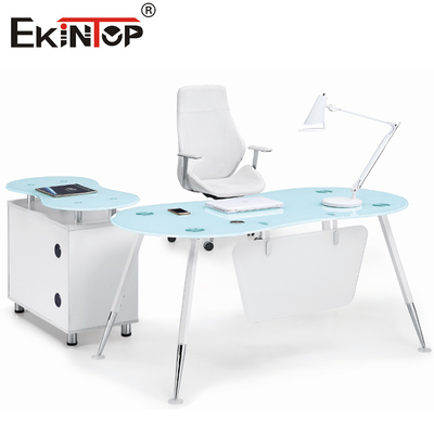 Witte Blauwe l-Vorm CEO Office Glass Desk met Kabinets Vlotte Oppervlakte