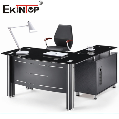 Moderne Glasdesktop met Metaalbenen en Lijst van het Lade de Uitvoerende Glas
