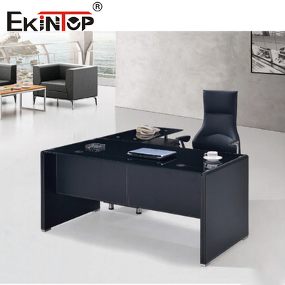 Moderne Black Glass Computer Desk Met Metalen Benen Schuifkast Op maat