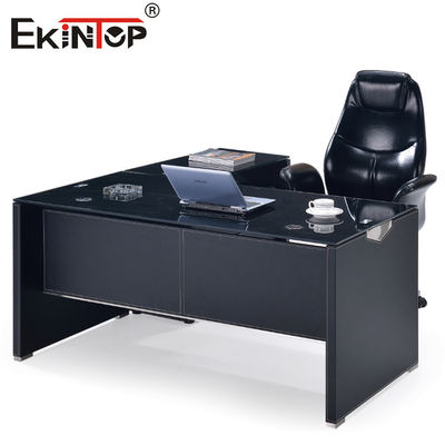 Moderne Black Glass Computer Desk Met Metalen Benen Schuifkast Op maat