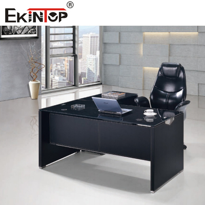 Moderne Black Glass Computer Desk Met Metalen Benen Schuifkast Op maat