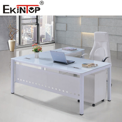 Doorzichtig blauw glas bureau voor kantoorgebouwen met metalen benen