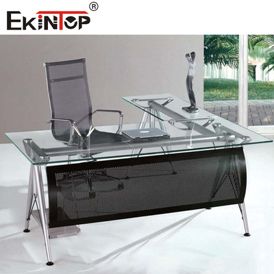 Zwart kantoorglas bureau met laden Metalen voeten voor thuis- en zakelijk gebruik