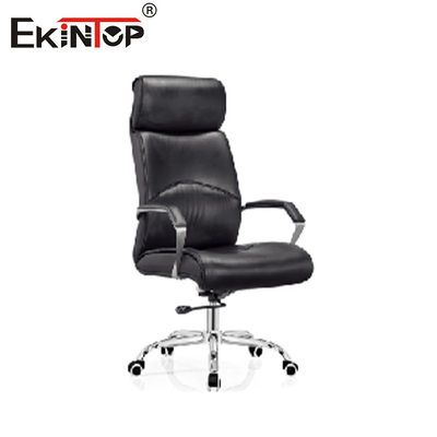High-back zwart leer kantoor stoel met draaiende metalen benen in business stijl