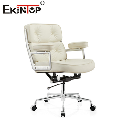 Witte leer Mid back office stoel met armleuningen rollen stille PU wielen